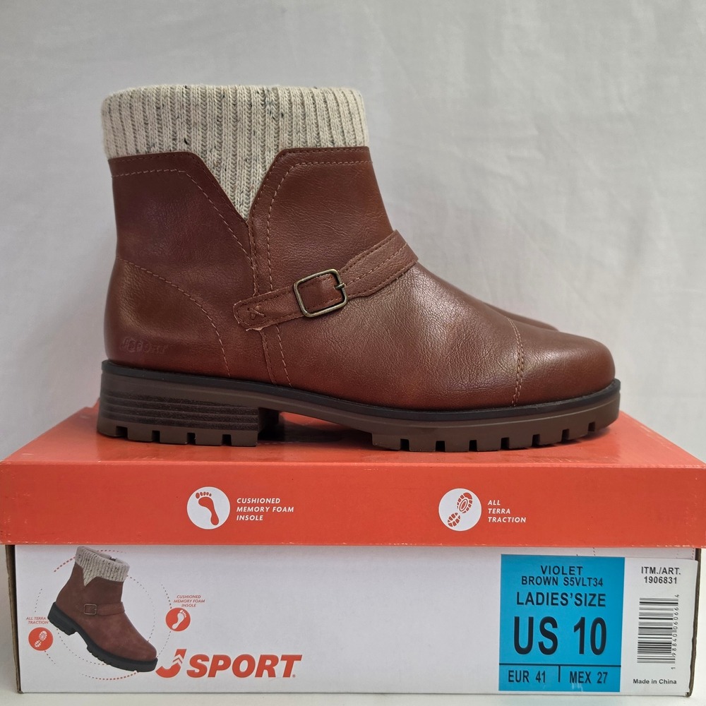 J Sport Violet Brown Ankle Boots Knit Collar Memory Foam Lug Sole US 10 S5VLT34
